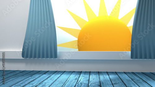 View through an open window in the morning. Blue wooden floor, curtains, white wall. Cute cartoon sun. 3d render picture.