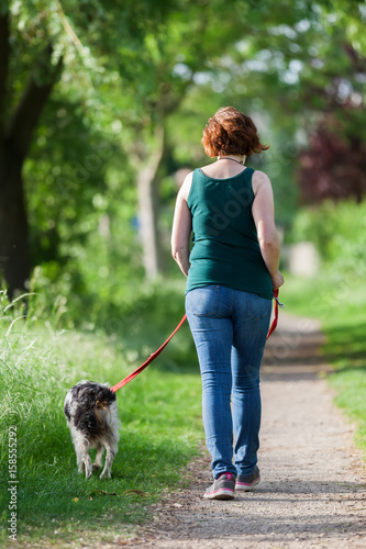 mature woman with Brittany dog at the leash