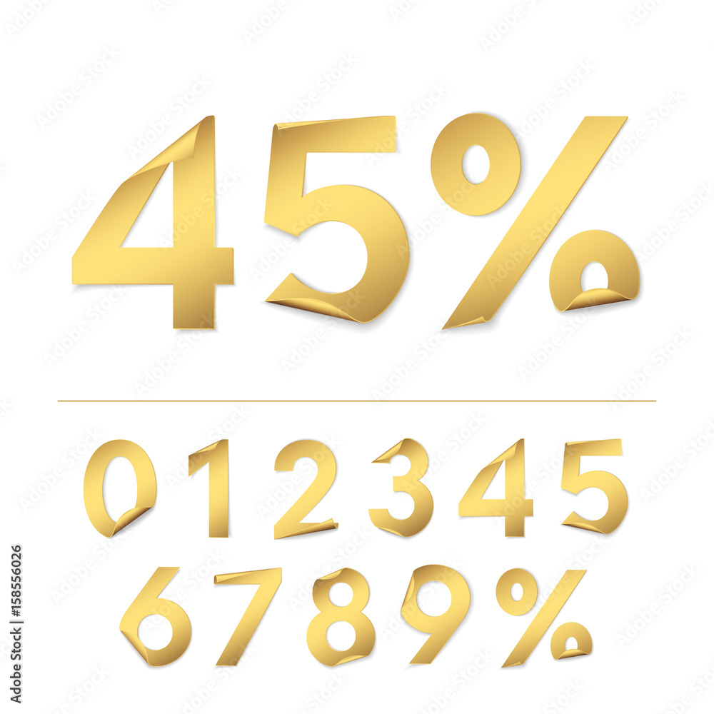 Vector set of realistic gold paper numbers for design of sale banners and discounts offers. Isolated from the background. Vector set of realistic gold paper numbers for design of sale banners and discounts offers. Isolated from the background.