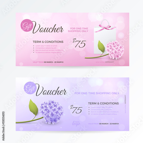 Set of gentle gift vouchers with hydrangea, paper shopping bag, bow on the pink and purple background. Vector template for gift card, coupon and certificate with flowers and effect bokeh.