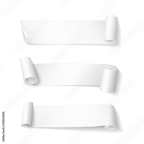 Set of short curved white ribbons. Vector realistic elements for banners and promotional design. Isolated from the background.