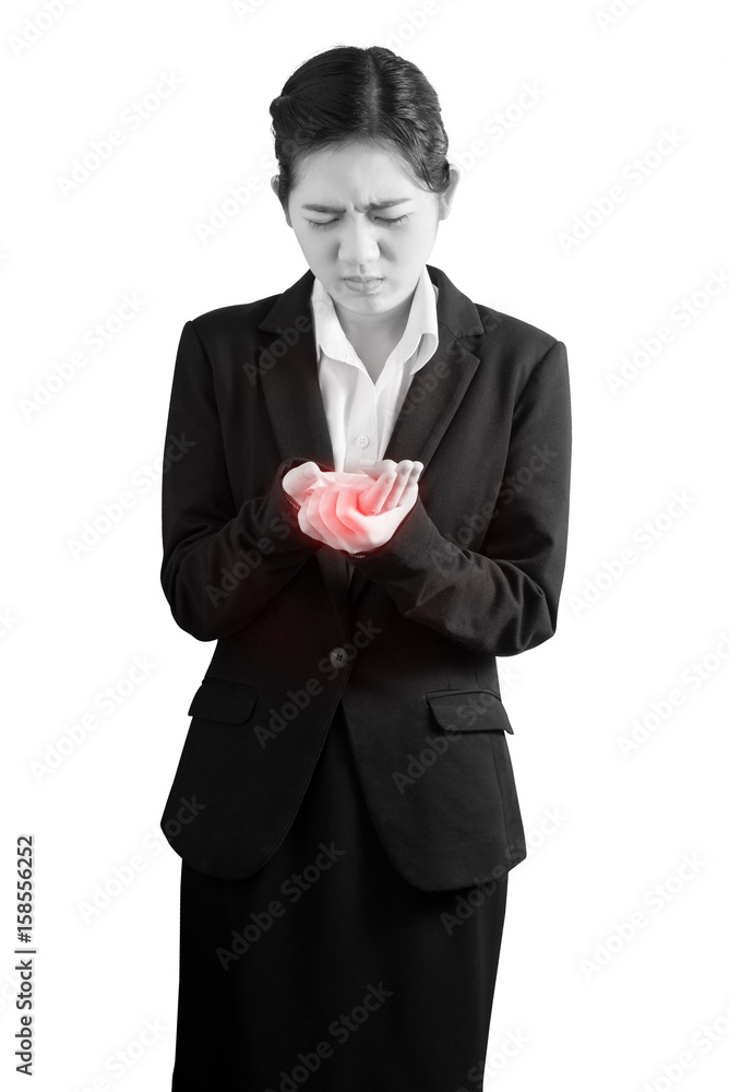 Acute pain in a woman hand isolated on white background. Clipping path on white background. Acute pain in a woman hand isolated on white background. Clipping path on white background.