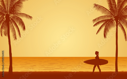 Silhouette female surfer carrying surfboard on beach under sunset sky background in flat icon design
