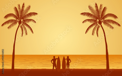 Silhouette couple surfer carrying surfboard on beach under sunset sky background in flat icon design