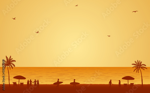 Silhouette people with surfboard on beach under sunset sky background in flat icon design