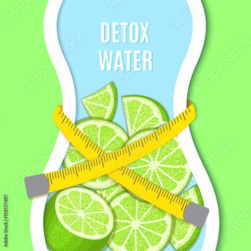 Silhouette of a bottle like Female figure, tape measure on waist, citrus lime fruit. Vector card llustration.