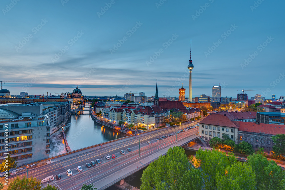 The center of Berlin with the Television Tower at dusk