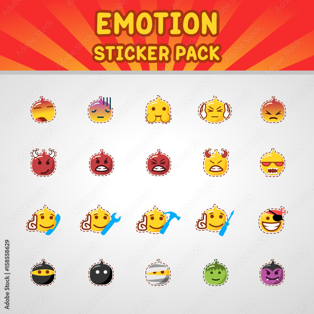 EMOTION STICKER PACK. Unique Emoticon Collection with Dashed Line