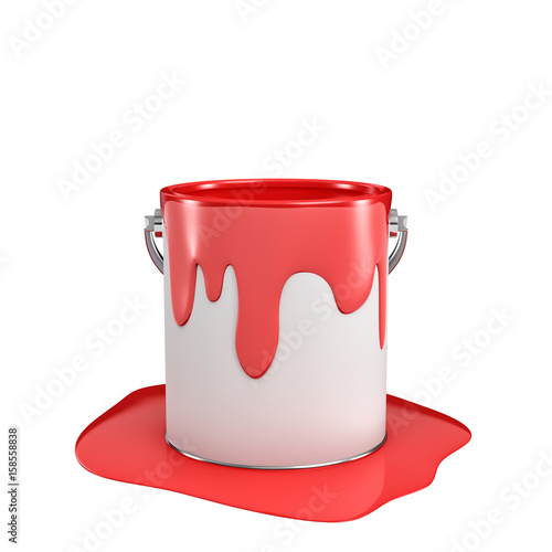 3d rendering of a paint bucket full of red paint with some of it overflown to the ground.