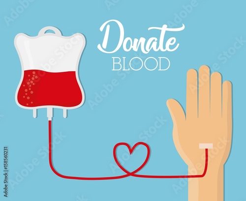 hand with blood bag icon over blue background colorful design vector illustration