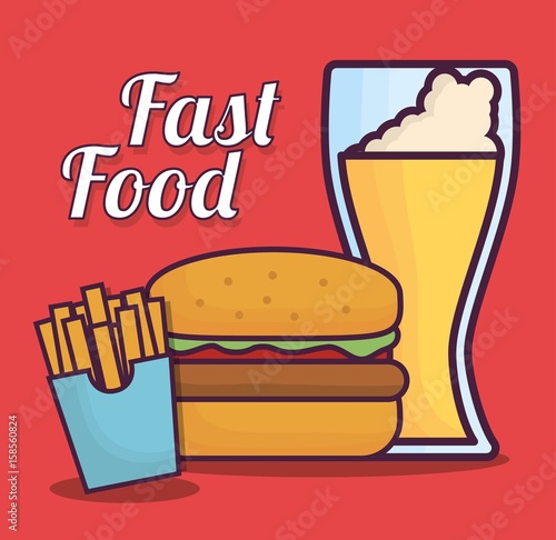 hamburger, french fries and beer icon over red background colorful design vector illustration
