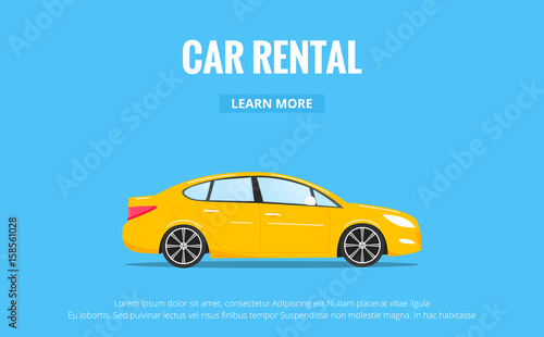 Car rental. Modern automobile in trendy style with typography for advertisement, web projects etc. Banner of car rent concept.