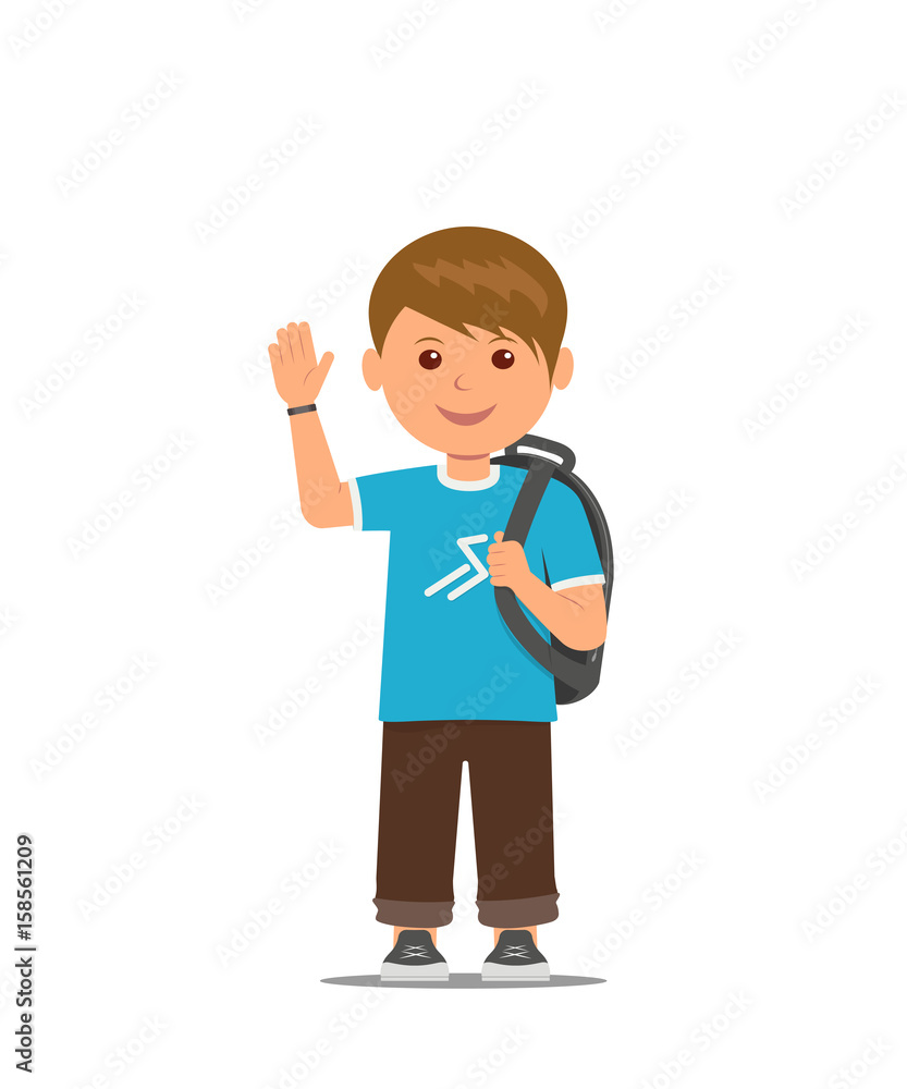 Cartoon school boy with school bag is waving his hand. Back to school. Vector illustration in flat style