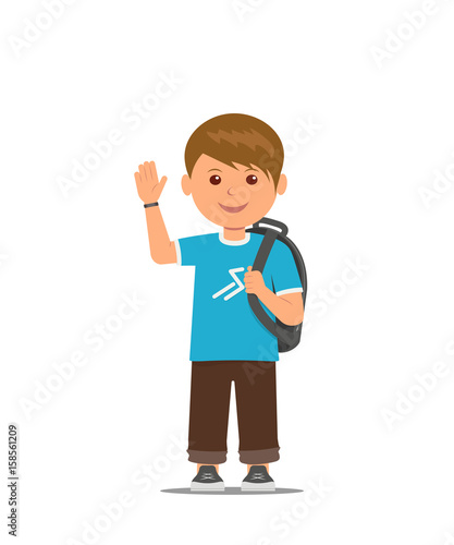 Cartoon school boy with school bag is waving his hand. Back to school. Vector illustration in flat style