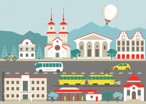 Vector flat illustration, infographics. Front view of an abstract city with public and residential buildings, churches and transport.