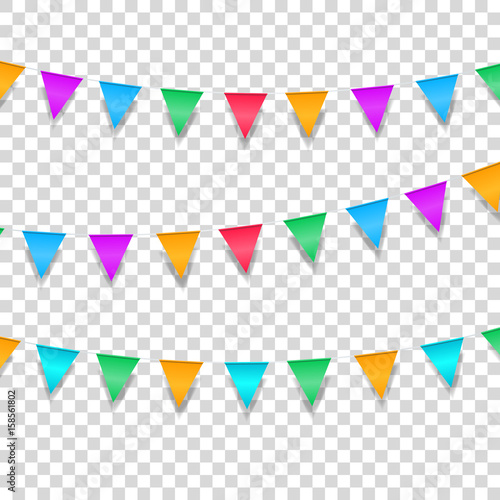 Buntings garlands isolated on transparent. Colorful buntings decorations for holiday events