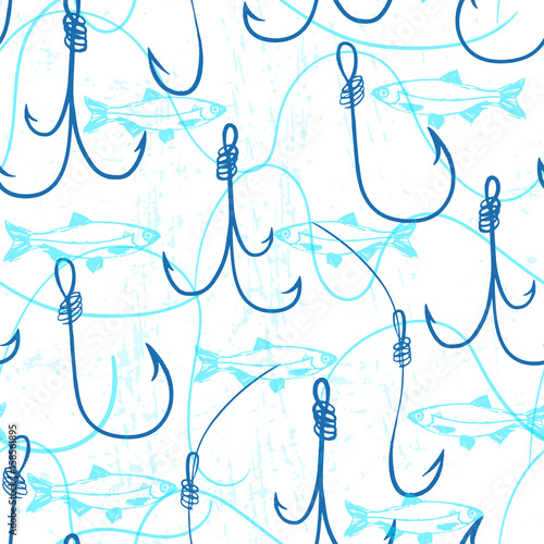 Seamless pattern with fishing hooks and fishes/Ink hand drawn illustration about fishing