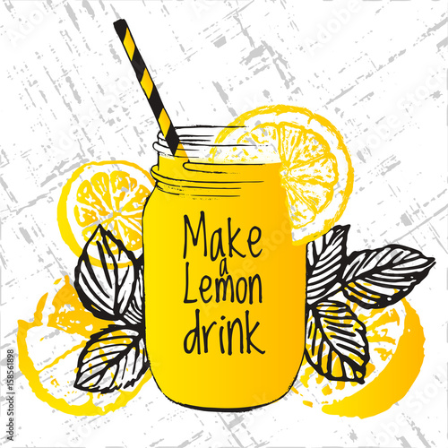 Ink hand drawn illustration with lemon drink, lemons and leaves of tea
