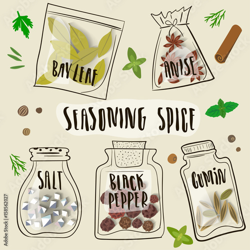 Vector illustration of spice. Realistic seasonings in a stylized hand-drawn package with lettering on a white background.