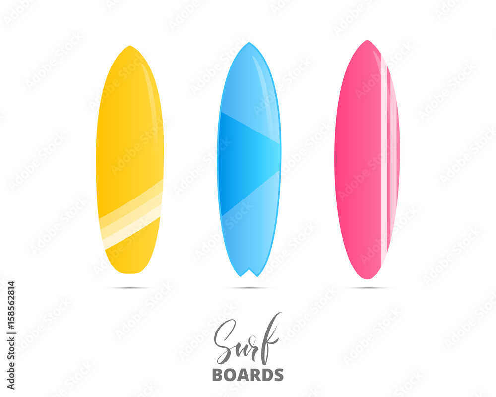 Surfboards isolated. Colorful surfing equipment with trendy patterns and lettering Surfboards isolated. Colorful surfing equipment with trendy patterns and lettering