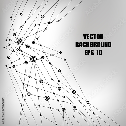Abstract vector background. Black intersecting lines with round points at the intersections on a light background. Subject of technology, molecular physics, data transmission.