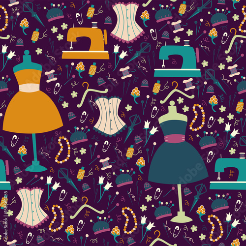 Vector Seamless Background with Sewing Accessories.