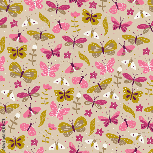 Seamless Background with Doodle Butterfly.