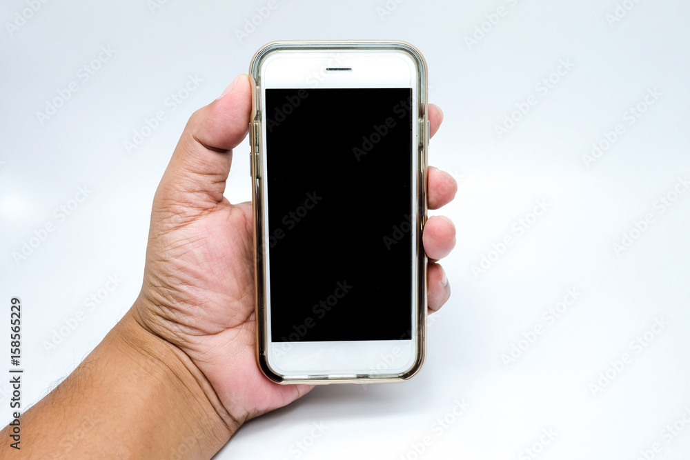 Phone in hand, isolated on a white background.