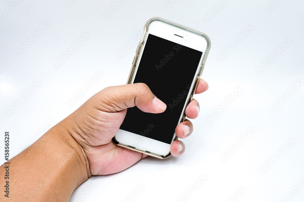 Phone in hand, isolated on a white background. Phone in hand, isolated on a white background.
