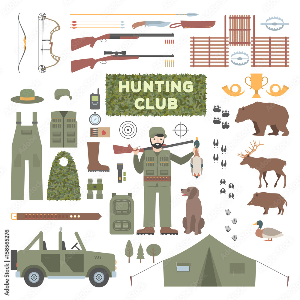 Set of hunting accessories. Firearms, hunting bows. Outfit and extraction of the hunter. SUV hunter.
