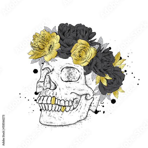 Stylish in a wreath of flowers. Vector illustration for a card or poster, print on clothes. The hipster skeleton. Fashion & Style.