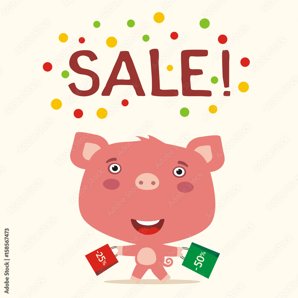 Poster seasonal sale. Funny pig runs with packs for sale. Banner for sale  of products for children with funny pig in cartoon style. Stock Vector |  Adobe Stock
