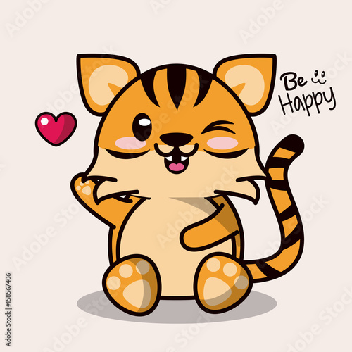 color background with cute kawaii animal tiger and floating hearts vector illustration