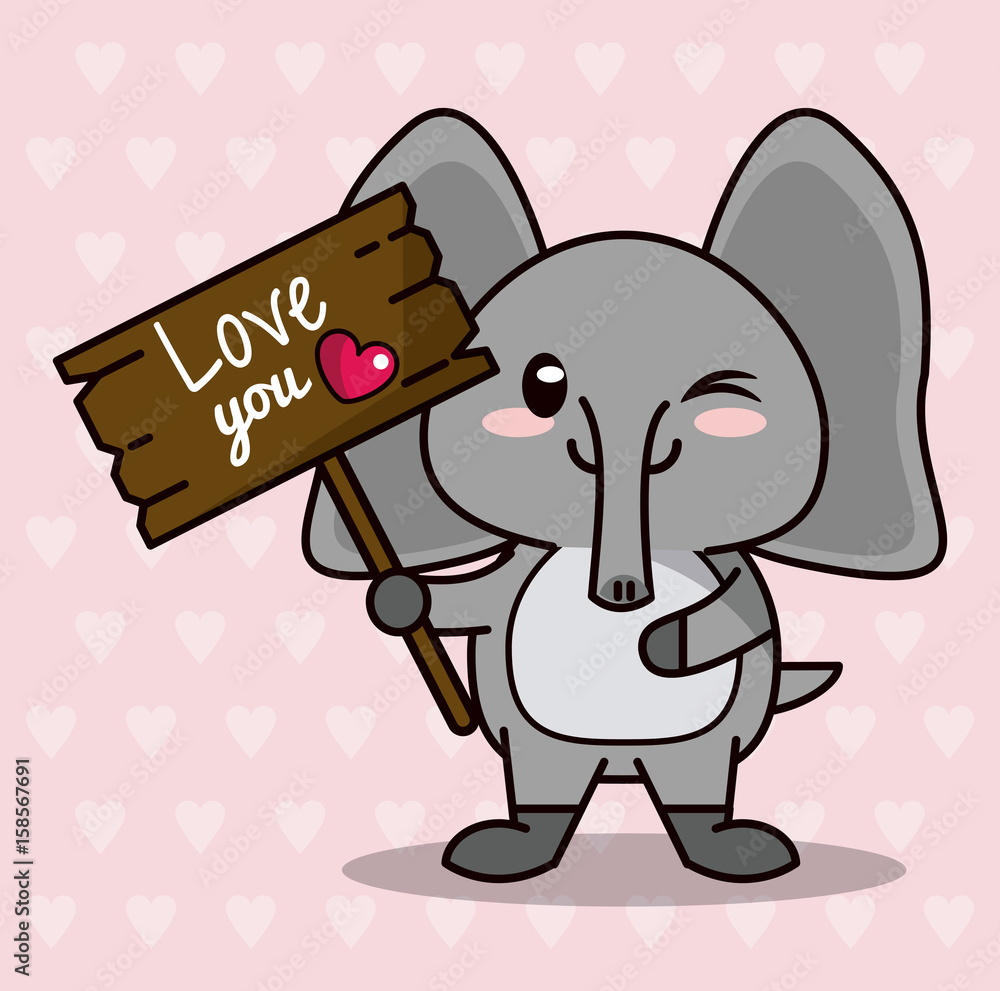 pink color background with hearts silhouettes and cute kawaii animal elephant standing with wooden sign love you and heart vector illustration pink color background with hearts silhouettes and cute kawaii animal elephant standing with wooden sign love you and heart vector illustration