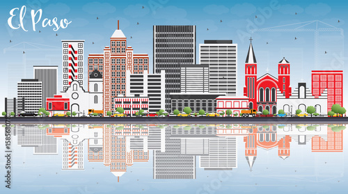 El Paso Skyline with Gray Buildings, Blue Sky and Reflections.