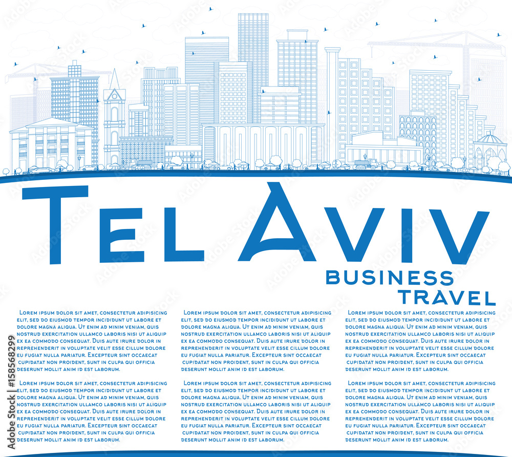 Outline Tel Aviv Skyline with Blue Buildings and Copy Space.