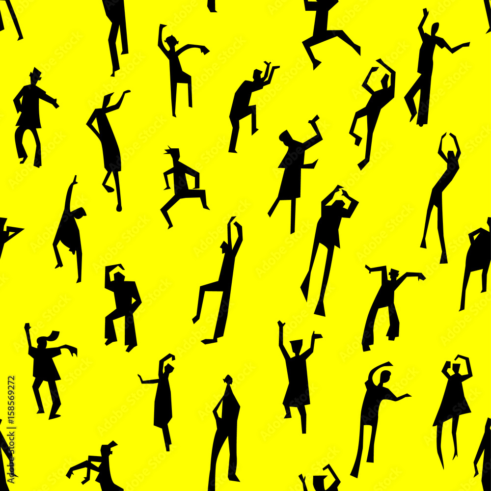 Dancing people semless pattern. People figures in motion. Background with silhouettes of moving person.