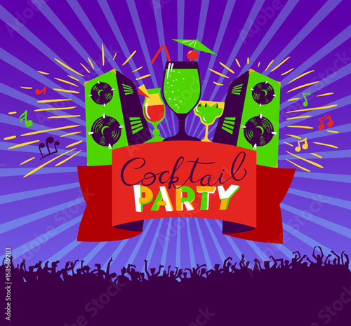 Cocktail party lettering on banner. Disco clud poster with loudspickers and dancing people