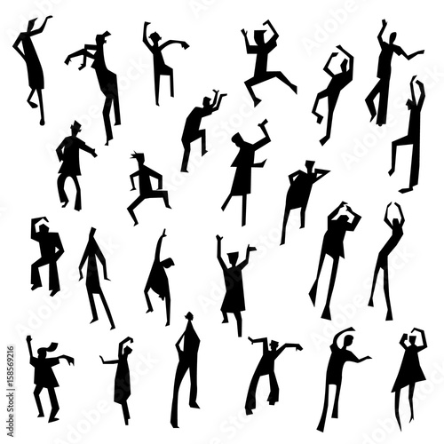 People figures in motion. Dancing people set. Cute black silhouettes of moving person.