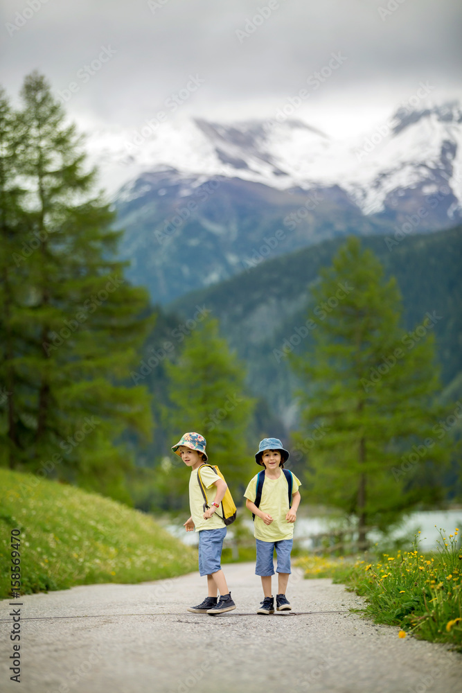 Two children, boy brothers, walking on a little path in Swiss Alps Two children, boy brothers, walking on a little path in Swiss Alps