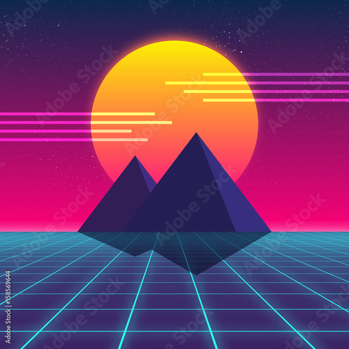 Foto Synthwave retro design, Pyramids and sun, vector illustration