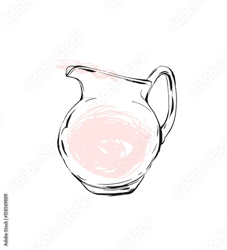 Hand drawn vector graphic Kitchen glassware utensils pitcher glasses bowel drinking accessories brush drawing isolated on white background with pastel colored freehand textures.Kitchen interior icon.