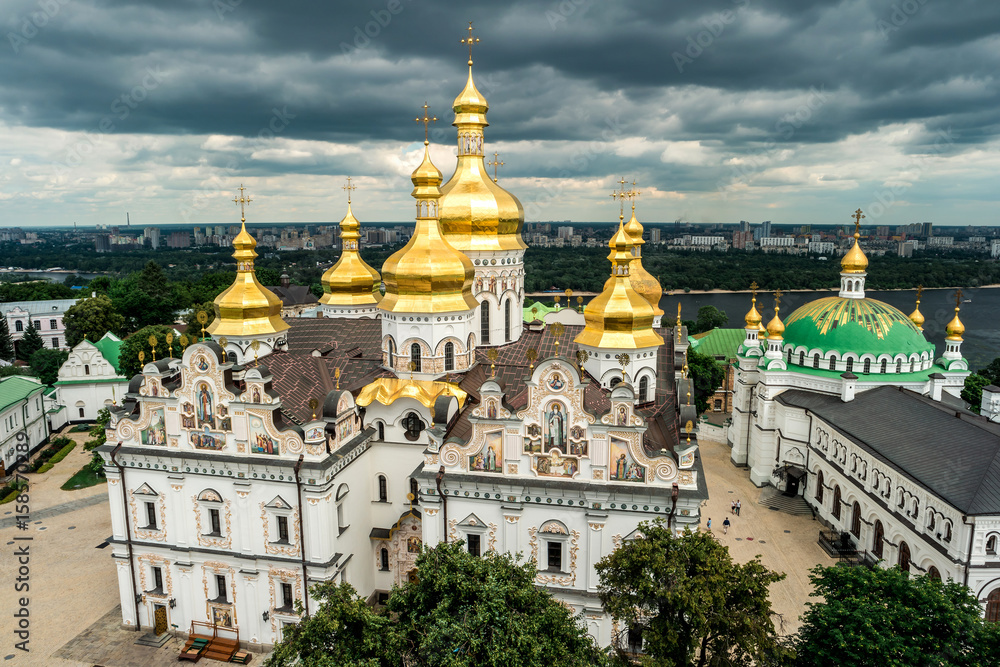 picturesque view of cupolas of Kyiv Pechersk Lavra monastery from bell tower, Ukraine picturesque view of cupolas of Kyiv Pechersk Lavra monastery from bell tower, Ukraine