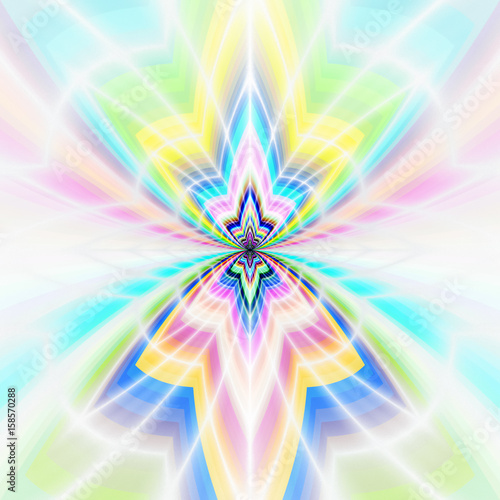 Mosaic ornament. Abstract intricate symmetrical background in green, orange, pink and blue colors. Psychedelic fractal texture. Digital art. 3D rendering.