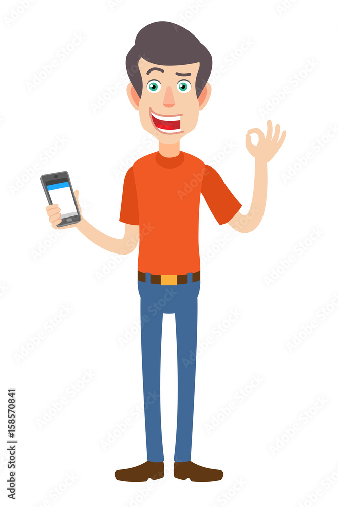 Man holding mobile phone and showing a okay hand sign Man holding mobile phone and showing a okay hand sign