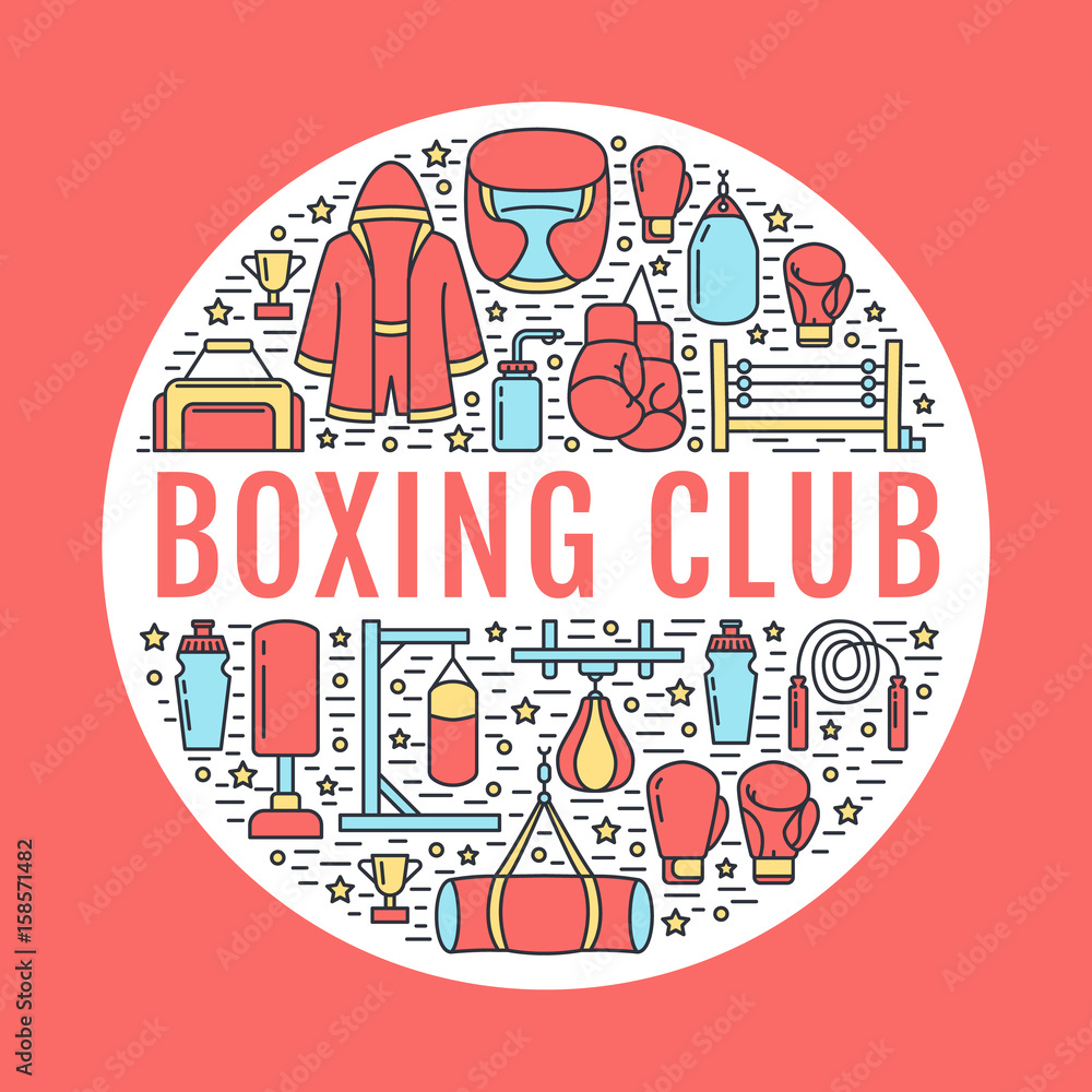 Fototapeta premium Boxing poster template. Vector sport training line icons, circle illustration of equipment - punchbag, boxer gloves, ring, heavy bags. Box club banner with place for text, red background.