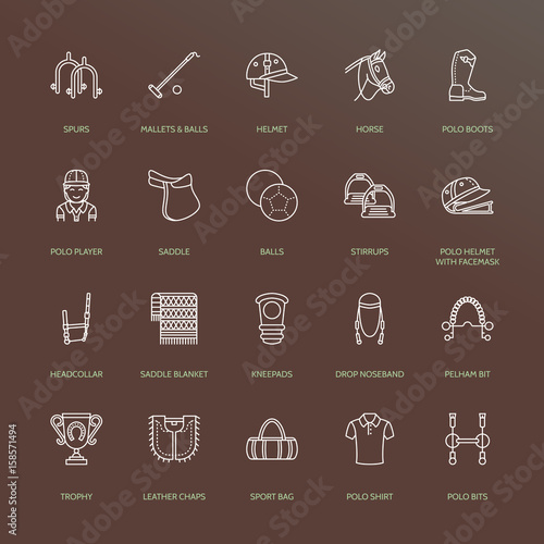 Horse polo flat line icons. Vector illustration of horses sport game, equestrian equipment - saddle, leather boots, harness, spurs. Linear signs set, championship pictograms for event, gear store.