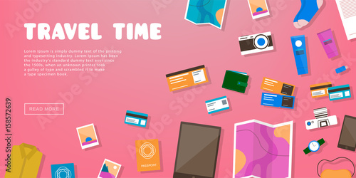 Travel time. Horizontal advertising banner on theme travel, vacation. Preparing for journey. Pink backdrop with things necessary traveler. Top view. Colorful vector background in flat style.