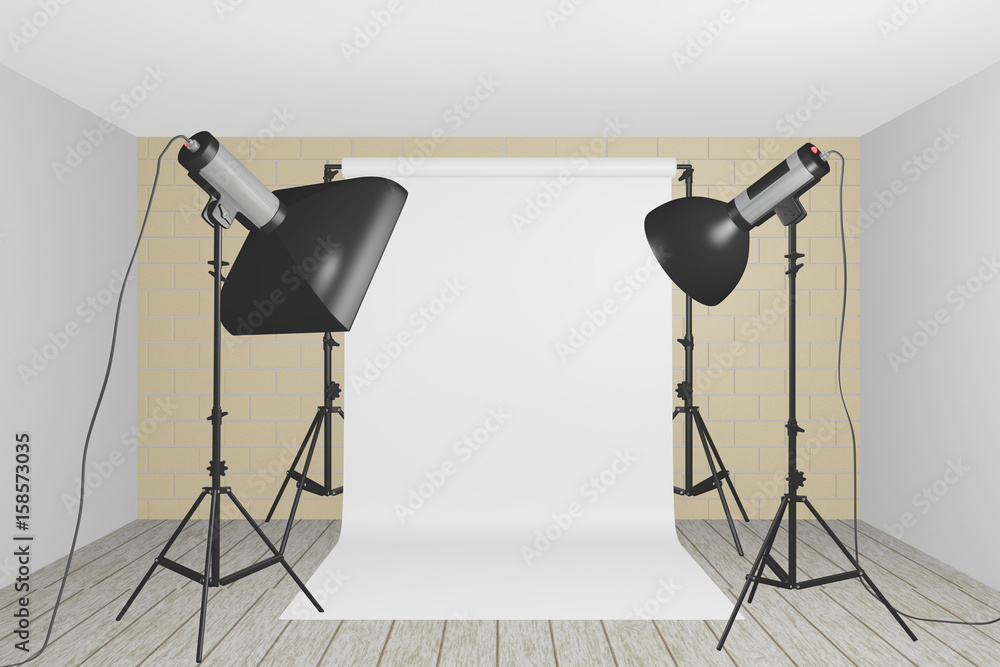 3D render illustration of full photography studio setup with white screen and some flashlights