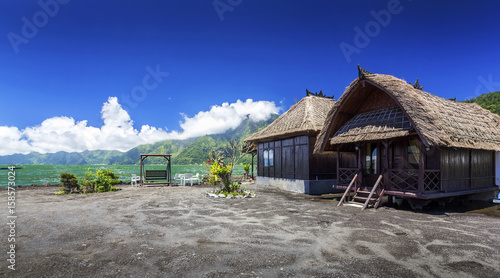 Tropical balineses style lake house with beautiful scenery at Lake batur, Kintamani, Bali, Indonesia.